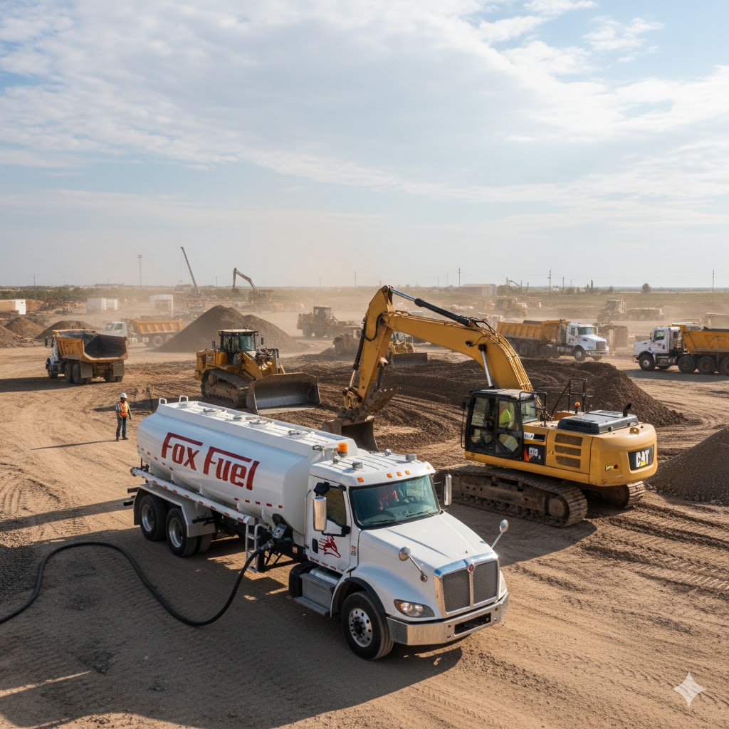 Fox Fuel construction jobsite fueling with FuelCube on-site storage and heavy equipment